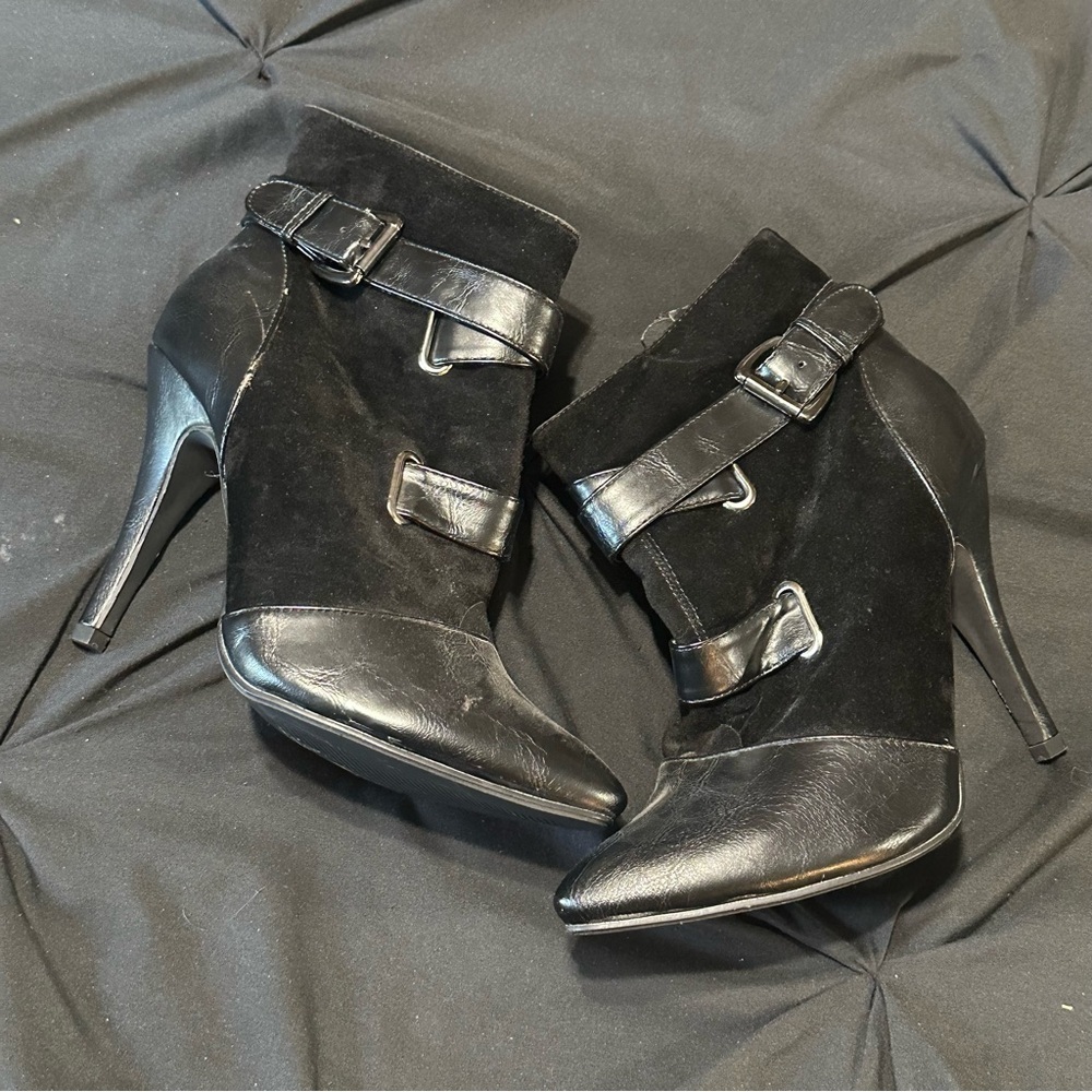 Black Strappy Stiletto Boots, US8